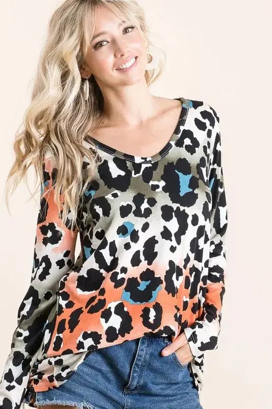 BiBi Gradation Leopard Print Soft Knit Deep U Neck Top - Love Salve